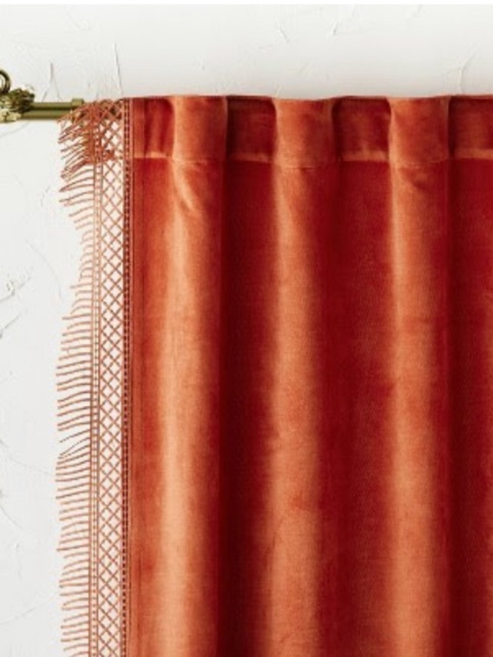 Set of 4 Light filtering Velvet Curtain Panels in Rust Orange with Macrame Trim